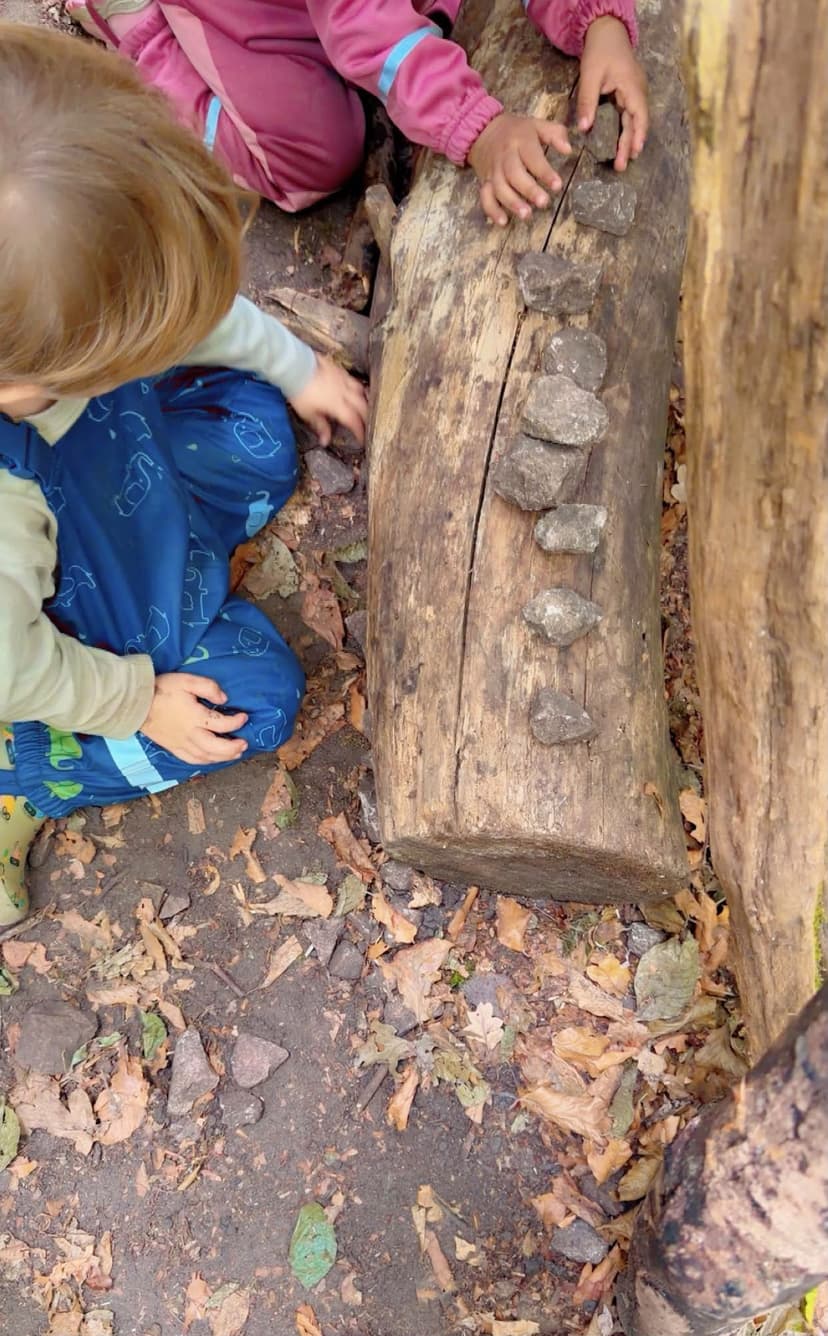 Kinder legen Steine auf einen Baumstamm